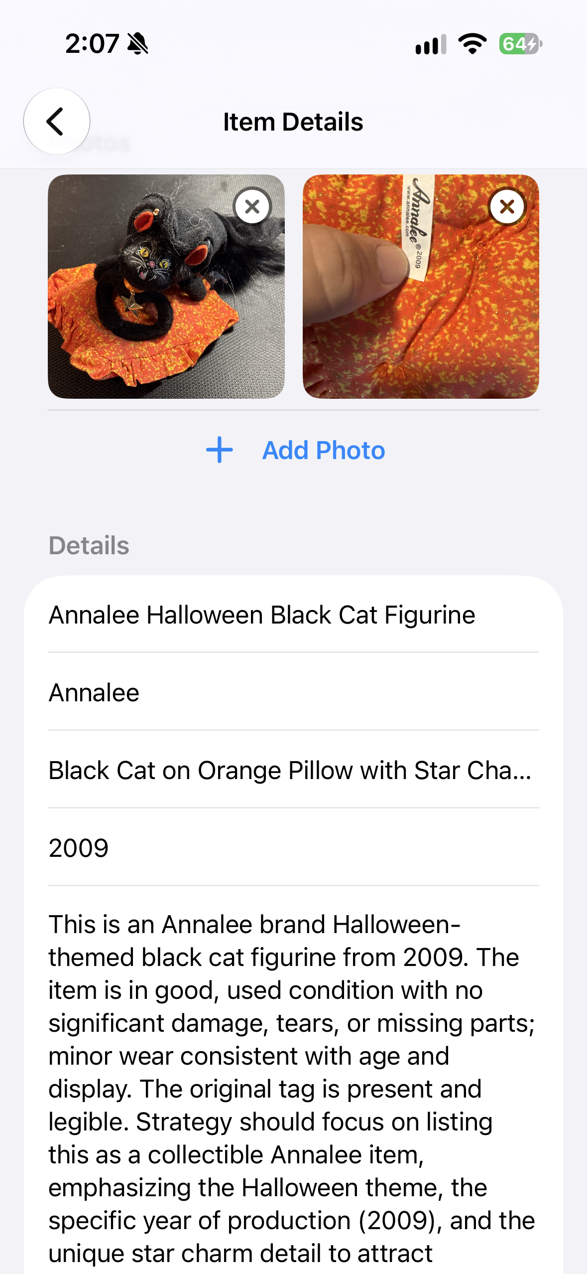 My Marketeer item details with photos and the researched description of an Annalee black cat figurine