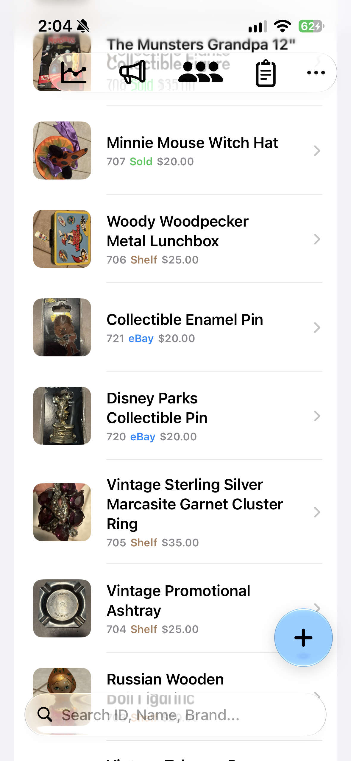 My Marketeer inventory showing collectible photos, prices, inventory numbers, and statuses