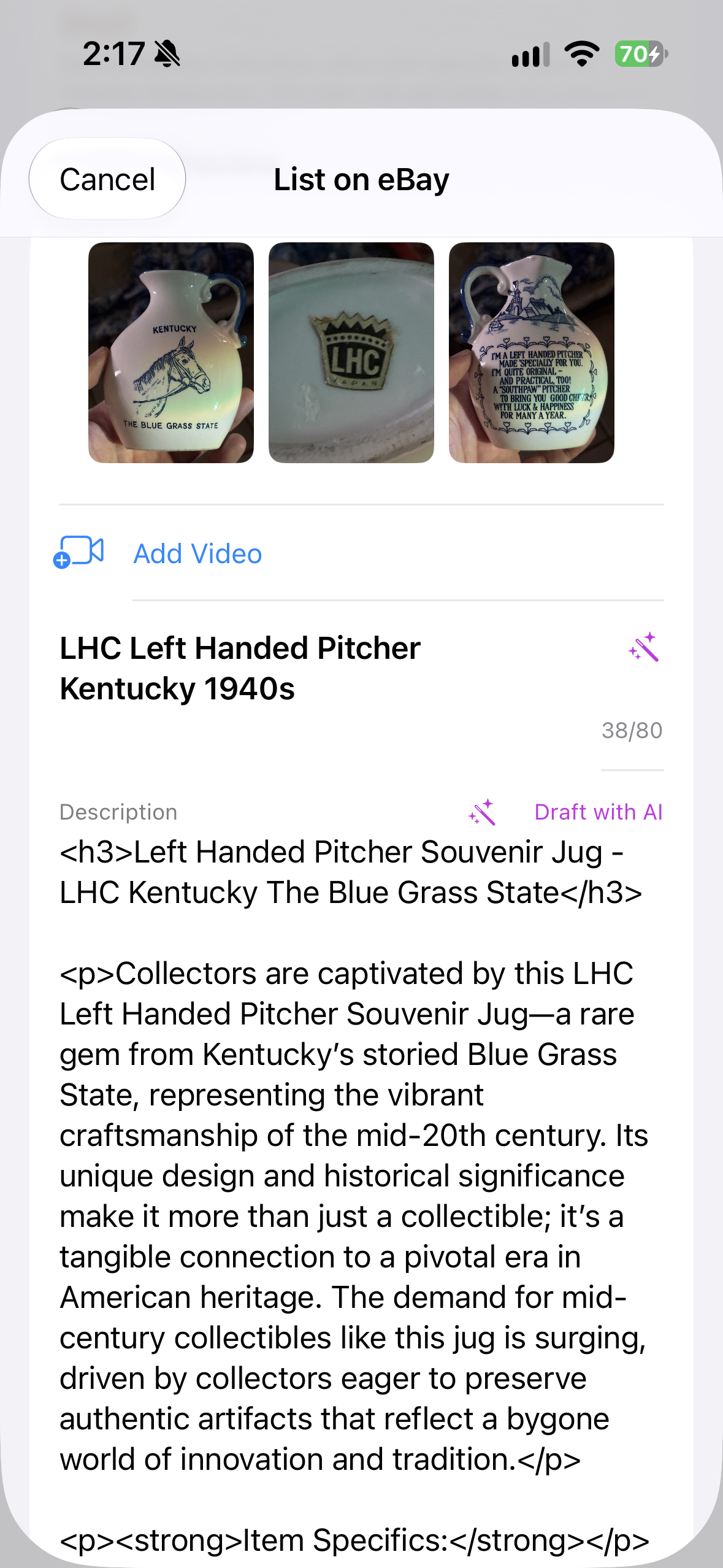 My Marketeer List on eBay page showing pitcher photos, a draft title, and description to review