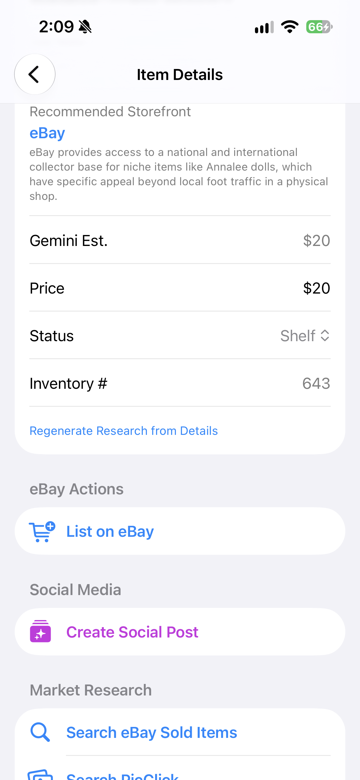 My Marketeer item details showing a storefront suggestion, price estimate, inventory number, and marketing and research tools